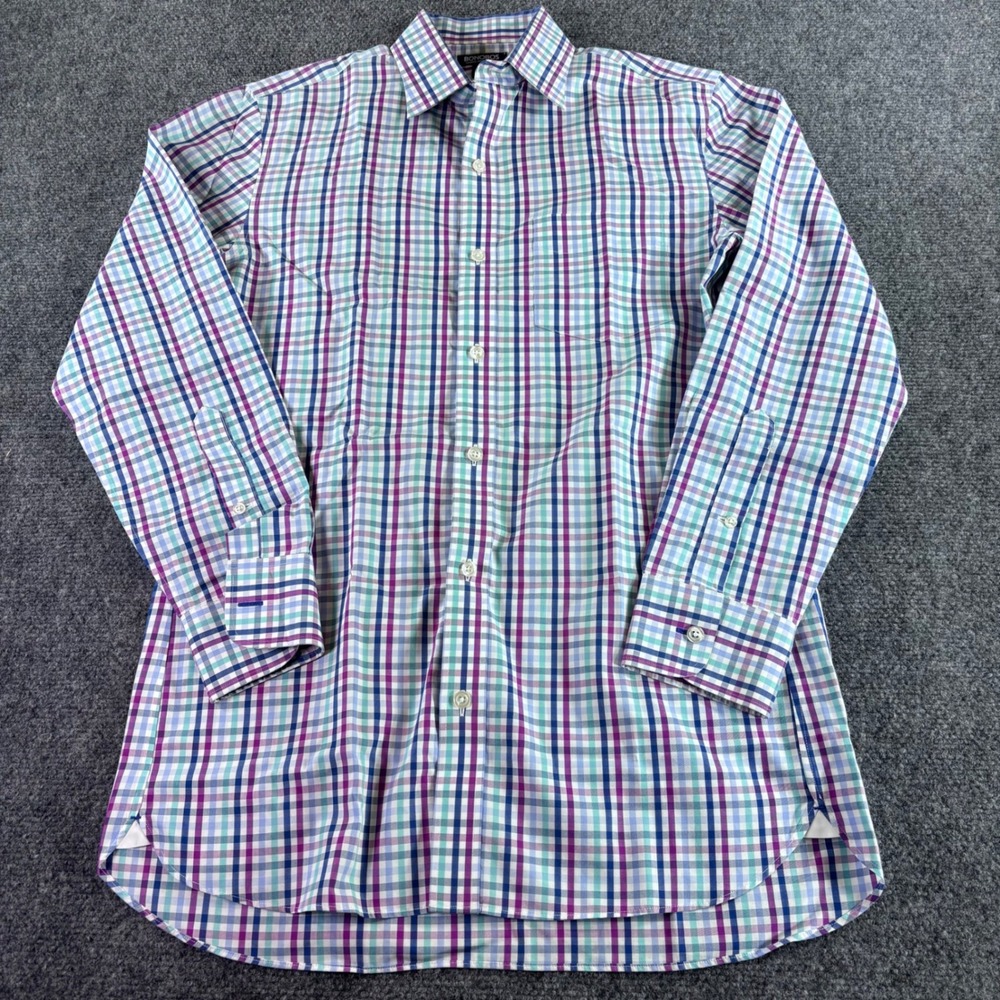Bonobos Button Down Mens 15/33 Purple Teal Plaid Slim‎ Fit Wrinkle-Free Shirt